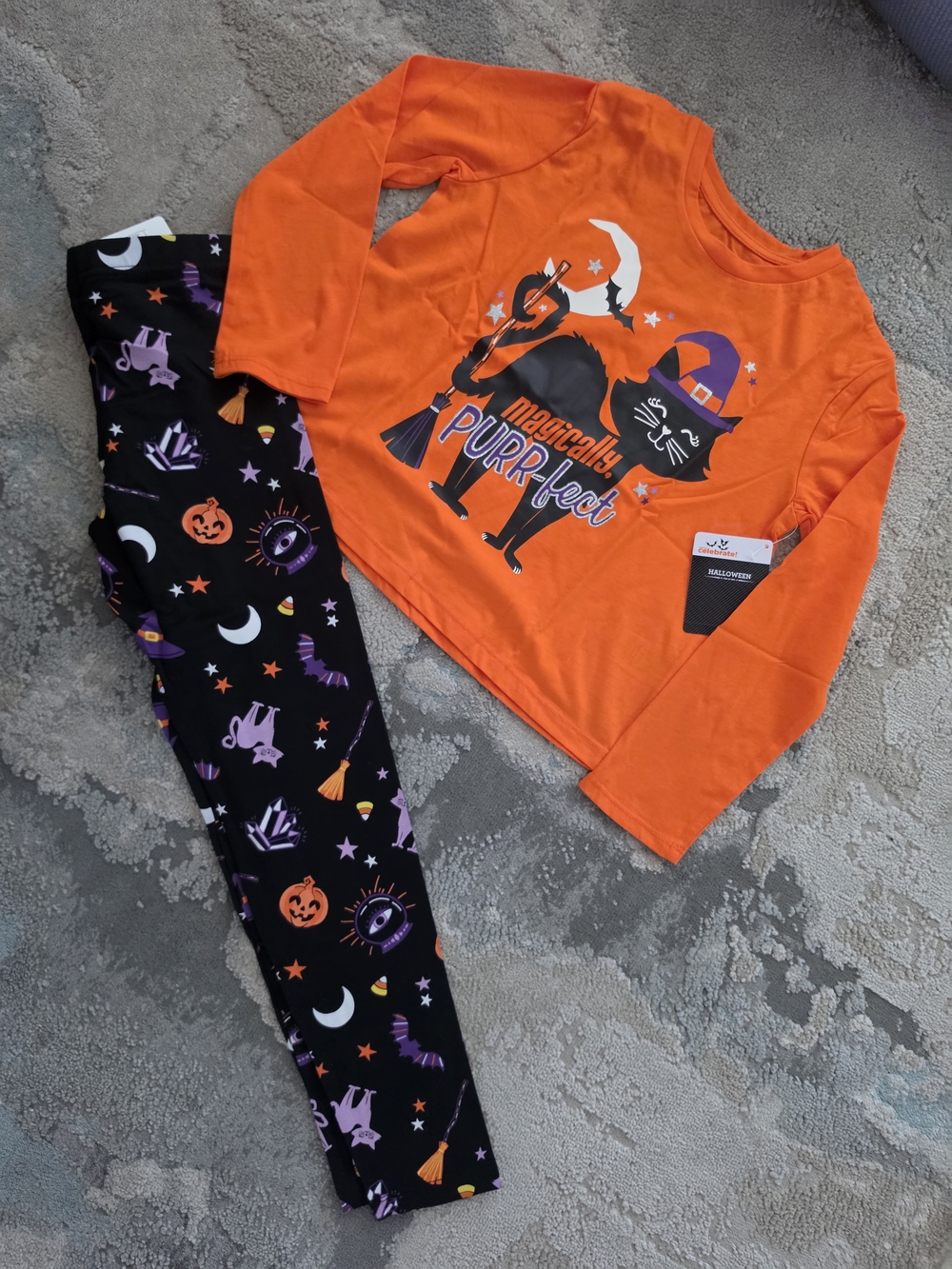 Kids Halloween Cat Witch Costume Pajama Set - Orange & Black